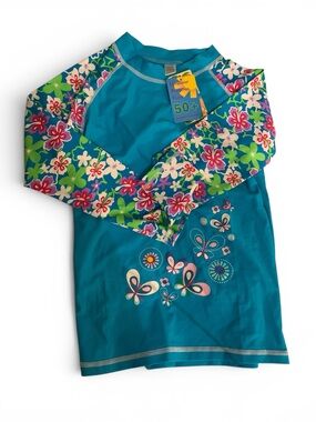 Kids 2pc UPF 50+ Teal Floral Long-Sleeve Swimsuit
